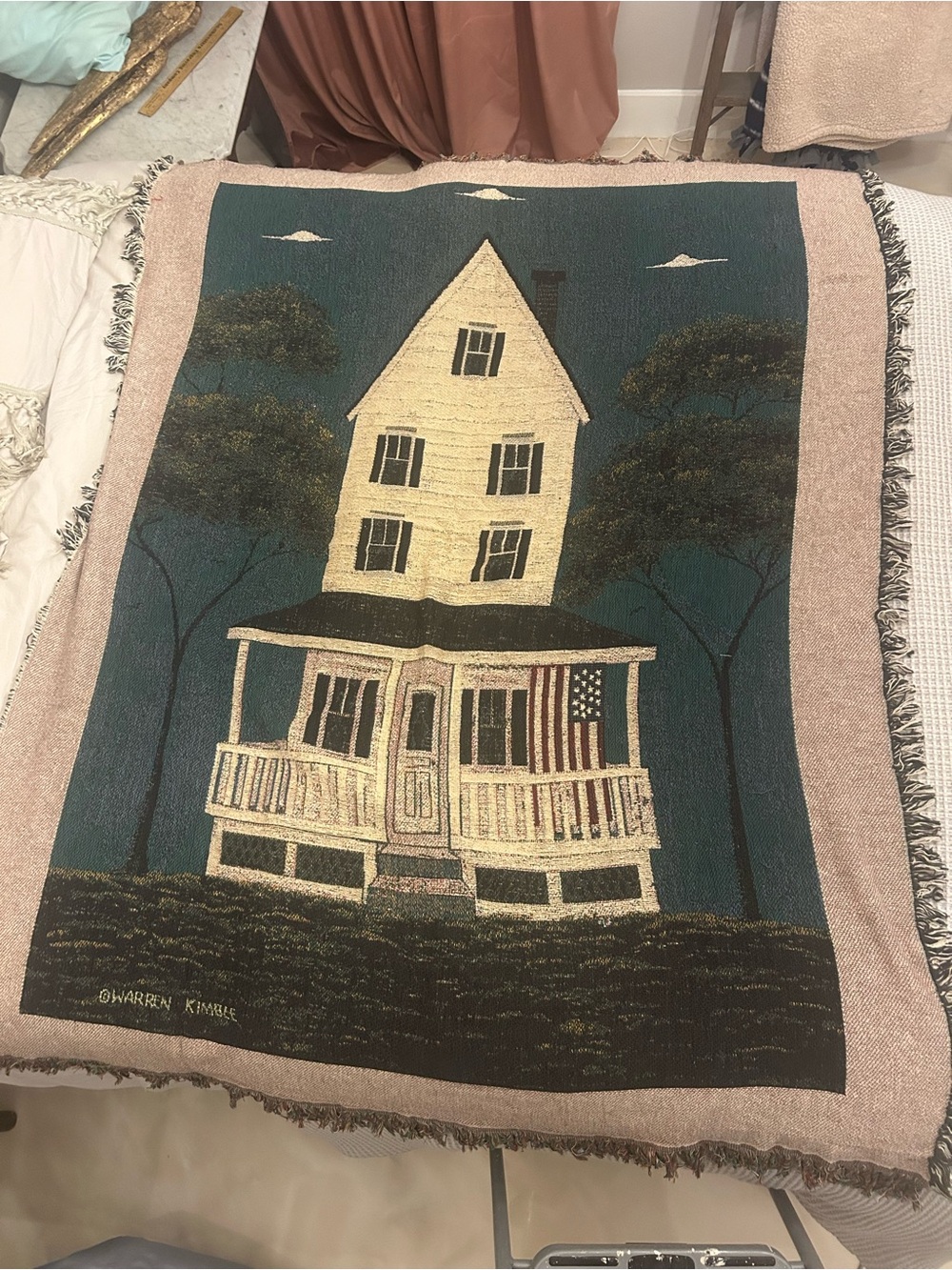 Warren Kimble Schoolhouse Throw Blanket in Teal and Cream